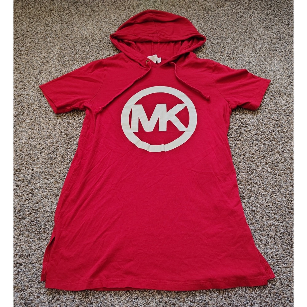 Michael Kors Red Short Sleeve Hoodie Dress MK Logo XS Cotton Modal Fashion